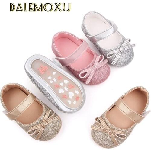 0-18M Toddler Newborn Infant Baby Girls Shoes Flash Silver Rubber Soled Bow Princess Nonslip Sneaker Pu Leather Prewalkers