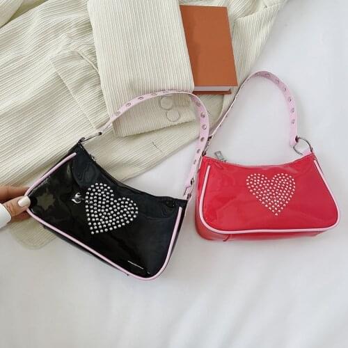 Small Hobos Handbag Purse Fashion Women Rivet Strap PU Leather Rhinestone Love Underarm Shoulder Bag Casual Ladies Glitter