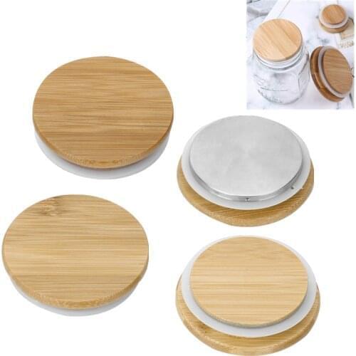 Reusable Bamboo Caps Lids Mason Jar Lids Covers Silicone Sealing Wooden Fresh-keeping Lids Drinking Canning Jars Supplies