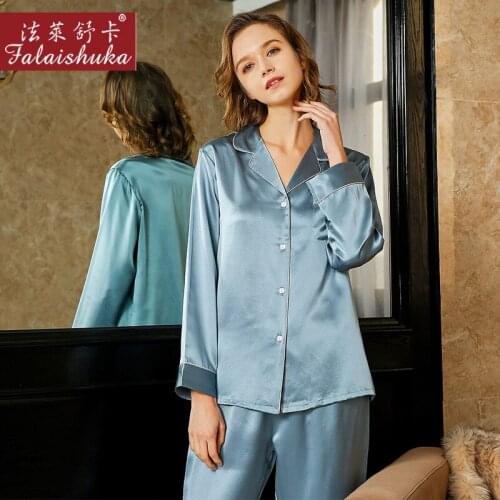 19 momme 100% natural silk pajamas sets women sleepwear long sleeves Noble Lake Blue genuine silk pyjamas women T8232