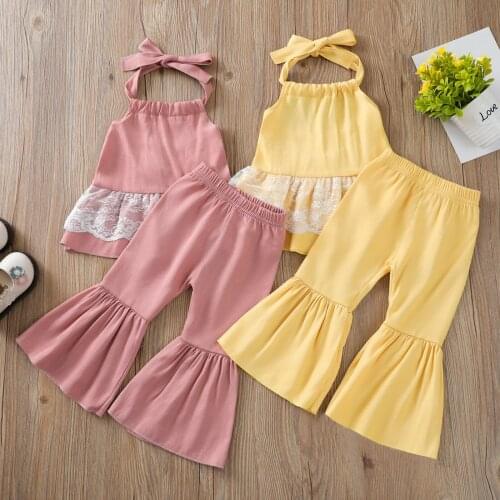 Infant Baby Girls 2Pcs Clothes Outfit Lace Sleeveless Halter Tank Tops + Solid Long Bell-bottomed Pants Set Toddler Kids Outwear