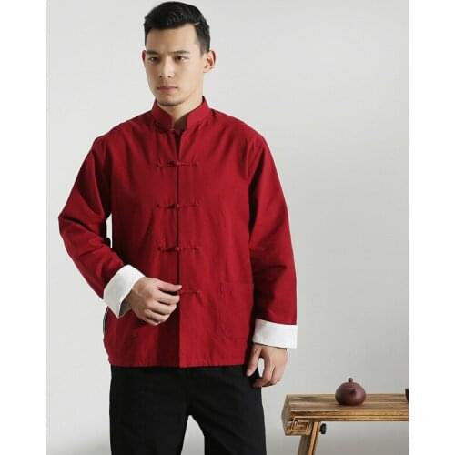 New Male Cotton Shirt Traditional Chinese Men Coat Clothing Kung Fu Tai Chi Uniform Autumn Spring Long Sleeve Jacket for Man
