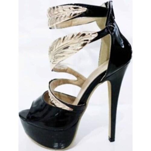 Big Size Gold Leaves Sandals Platform High Heel Cut Outs Ankle Wrap Open Toe Summer Dress Shoes Zipper Thin Heels Cage Shoes