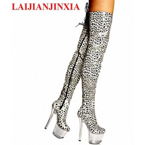 New 20cm Super high heels wild sexy leopard ultra-high with knee-high boots nightclub sexy pole dancing boots