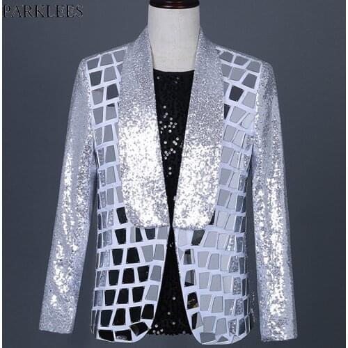 Silver Sequin Blazer Men Brand Shawl Collar Single Button Mens Suit Jacket Shiny Plaid Sequins Party Dance Stage Costume Homme