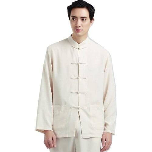 Shanghai Story Spring Long Sleeve men Tai chi clothing kungfu top Blend Linen Comfortable chinese kung fu top 2 color