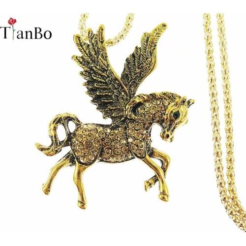 TianBo Crystal Pegasus Necklace Fly Horse Necklace Pendant with Ribbon Rope Lobster Clasp Gold Necklace Costume Jewelry