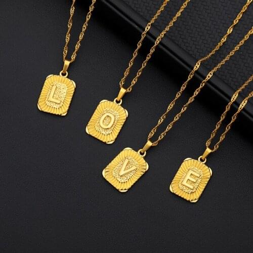 Punk Square A-Z Letter Initial Pendant Necklace For Women Men Charm Gold Stainless Steel Necklace Alphabet Jewelry Dropshipping