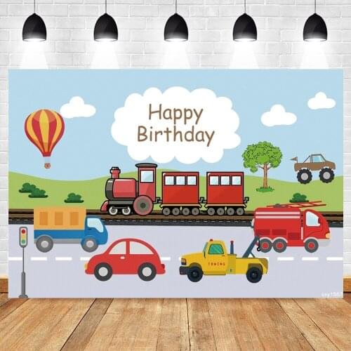 Cartoon Train Car Hot Air Balloon Cloud Newborn Baby Shower Birthday Photography Backdrop Background Vinyl Photophone Photozone