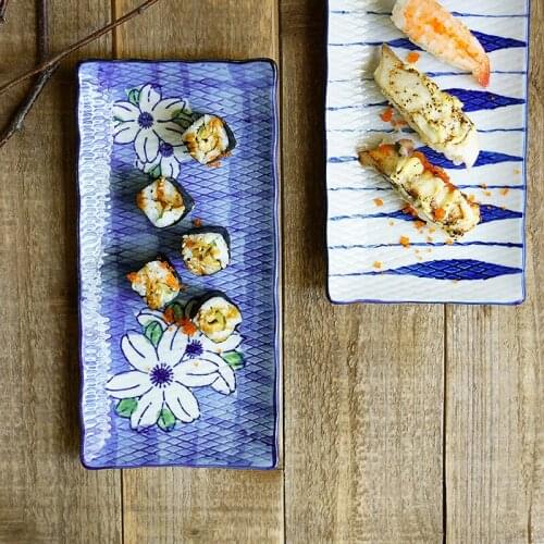 Japan style sushi dinner plates retro ceramic dishes handpainted floral printed rectangle porcelain plate trending products 2018
