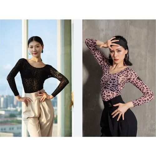 YS49N6 Deep V Collar Women Latin Dance Shirts 2021 Sexy Leopard Latin Dancing Tops for Samba Tango Chacha Belly Performamnce
