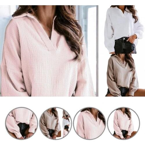 Pullover Shirt Simple Stylish Turn-Down Collar Solid Color Women Shirt