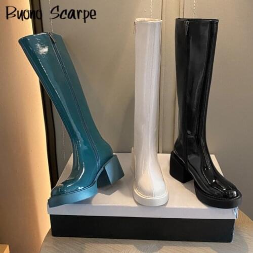 Patent Leather Block Heel Knee Boots Flat Platform Fashion Women Kinght Boots Zipper Designer Chunky Heel Botas Mujer Long Shoes
