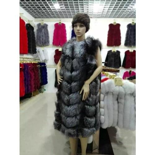 Women Fox Fur Gilets Real Silver Fox Fur Long Vests Natural Fur Winter Waistcoat Warm Fashion Sleeveless