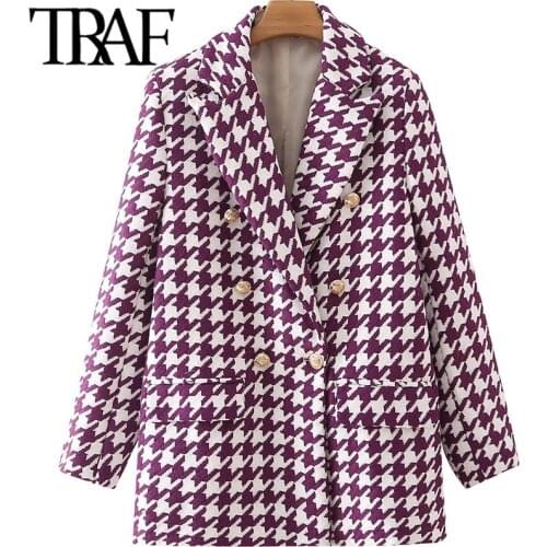 ZHENBAILI 2021 ZA Autumn Tweed Woolen Houndstooth Double Breasted Women Casual Loose Suit Jacket Female Blazers Long Coats