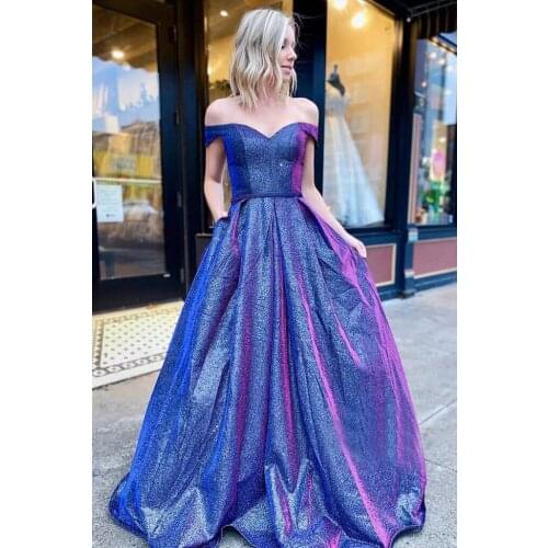 2021 Royal Blue Glitter Off Shoulder Prom Dresses Lace-up Back Long Sparkly Evening Formal Party Gowns Robe De Soiree