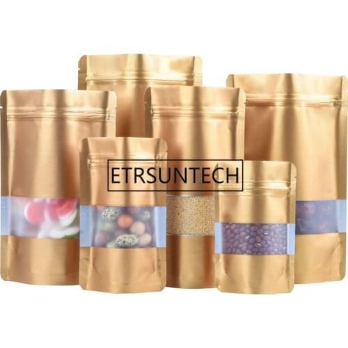 1000pcs/lot Stand up Gold Aluminum Foil Self seal Bag with Window, Metallic Plastic Packaging Pouch for Food Tea Candy Cookie