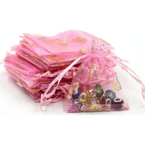 50pcs/lot 9x12cm Lovely Pink Butterfly Organza Bags Wedding Favor Gift Candy Packaging Bag Tulle Small Drawstring Jewelry Pouch