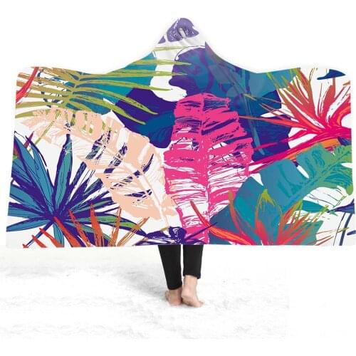 Free shipping Gift Tropical Flower Leaves Cactus Flamingo Winter Sherpa Fleece Hooded Blanket Cloak Camping Sofa Office Throw
