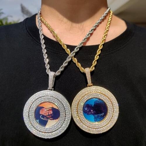 Big Size Custom Photo Frame Memory Medallions Rotatable Round Pendants Necklace for Men Bling Iced Out Hip Hop Rapper Jewelry