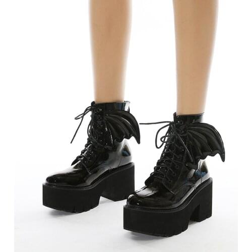 New Fashion Angel Wing Ankle Boots High Heels Patent Leather Womens Platform Boots Punk Gothic Sexy Model Shoes