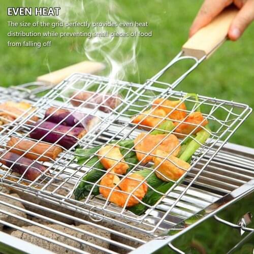Stainless Steel Barbecue Grilling Basket BBQ Net Wooden Handle Meat Fish Clip Holder Outdoor Bbq Grilling Net Gr BBQ Rack Tool