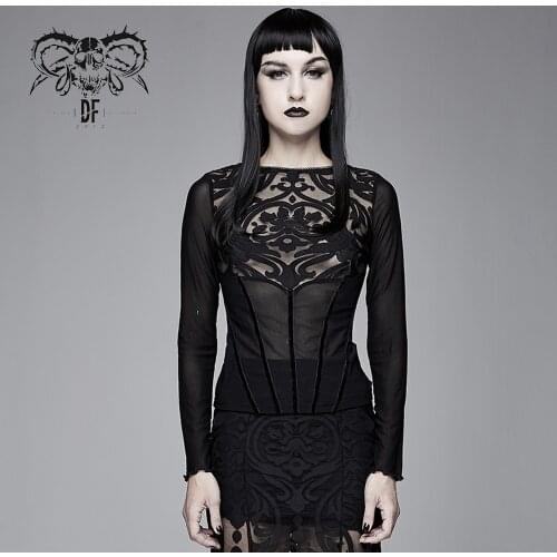 Devil Fashion Womens Goth Long Sleeve T-shirt Slim Fit Mesh Daily Tee Top