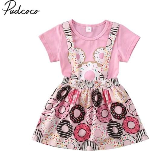 Pudcoco Newborn Infant Baby Girls Clothes Set Summer Kids Short Sleeve Cute Bodysuit Donuts Full Print Skirts Set 2PCS Outfits