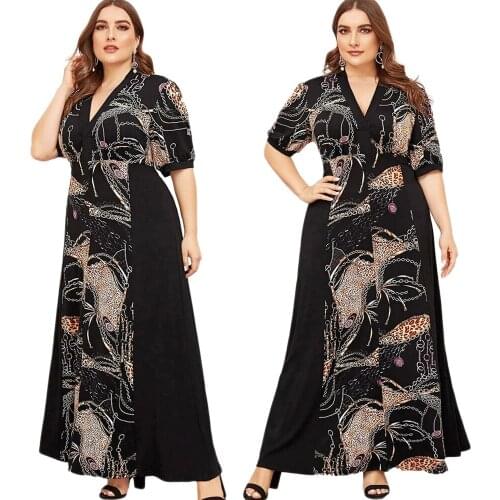 Summer Printed Bohemian Long Dress Abaya Muslim Casual Loose Plus Size Maxi Arab Jilbab V-neck Short Sleeve Robe Islamic Vestido