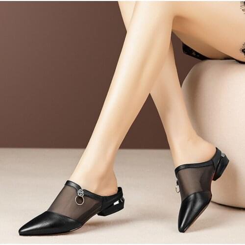 Women Summer Slip On Mesh PU Sandals Ladies Pointed Toe Cone Heels Slides Woman Fashion Sandal Female Casual Shoes 2020 Hot