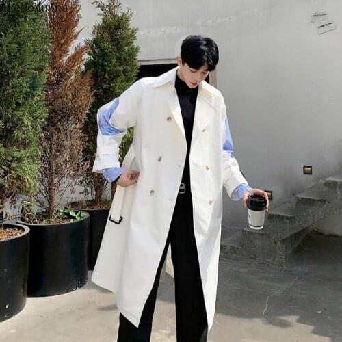 Mens Autumn Winter Retro Fashion Atmosphere Korean Mid-length Coat Mens Stitching Fake Two-piece Over-the-knee Windbreaker