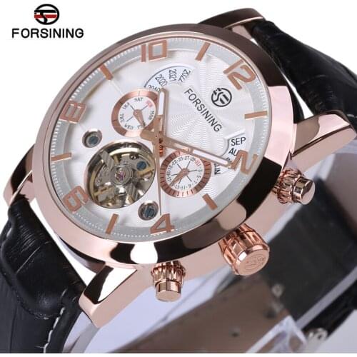 2018 Automatic Watches Rose Gold Case Black Leather Strap White Dial Date Day Year Month Display Men Casual Mechanical Watch