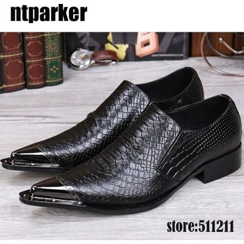 Ntparker Luxury Handmade Mens Shoes Pointed Metal Toe Black Leather Dress Shoes Men for Wedding/Business/Party, Big Size 38-46