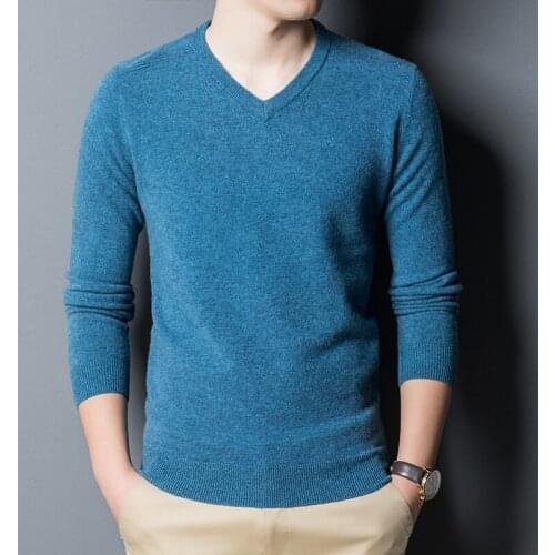 Mens Autumn Winter 100% Wool V-neck Knit Sweater