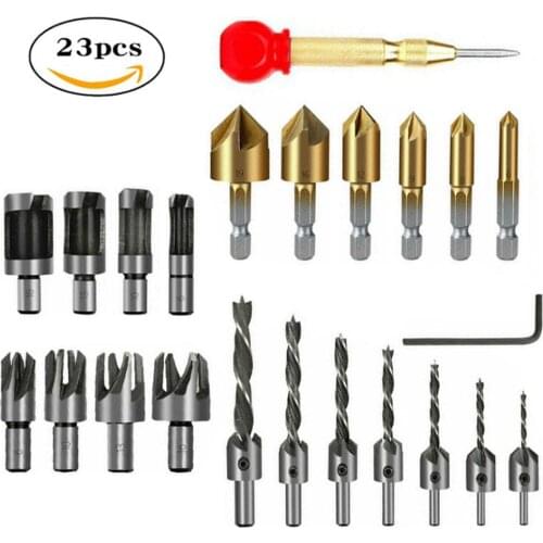 23Pcs Woodworking Chamfer Countersink Drill Bit Set Wood Plug Cutter Automatic Center Pin Punch