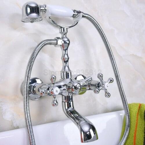 Wall Mounted Bathtub Faucet Clawfoot Bath Tub Mixer Tap Set Hand Shower Polished Chrome Dual Handles tna187