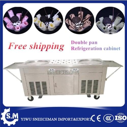 NEW Flat fried ice cream Rolled rolling roller machine double 2 pans with cabinet
