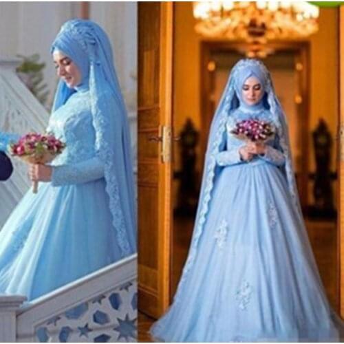 2020 Muslim Wedding Dresses A Line Modest New Sky Blue Bridal Gowns Full Sleeve Appliques Tulle Castle Custom Made Sweep Train