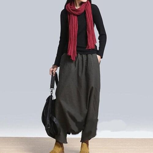 Autumn Women Casual Linen Harem Pants Baggy Bottoms Fashion Solid Low Crotch Female Plus Size Pants