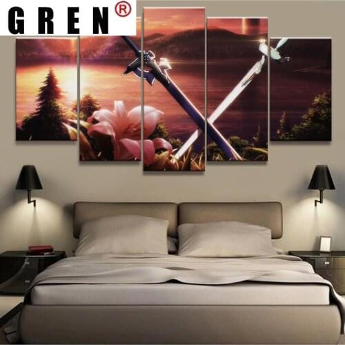 GREN Canvas Printed Poster 5 Pieces Sword Art Online HD Painting Wall Art Modern Pictures Living Room Modular Home Decor