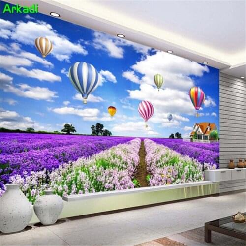 Simple Modern 3D Simple Extension Wallpaper Blue Sky White Hot Air Balloon Flower Lavender Landscape Flower Sea Living Room