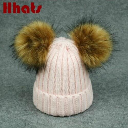 Which in shower 2 pom poms winter hat for kids boy girl fashion solid two pompom knitted hat beanie cap brand thick children hat