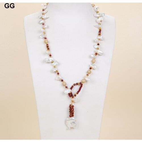 GuaiGuai Jewelry 25" Cultured White Keshi Pearl Red Jades Gems Stone Loop Necklace