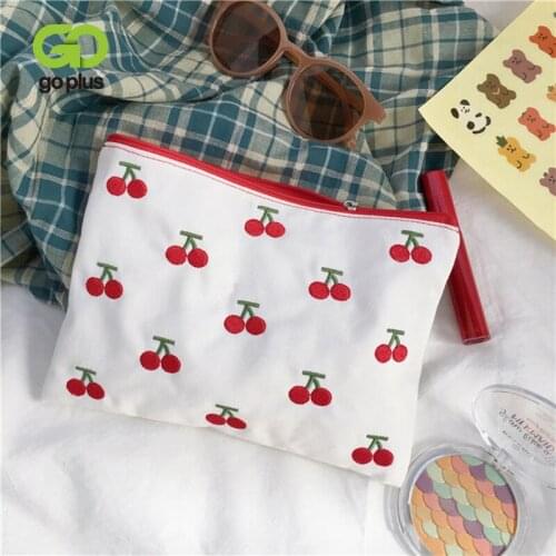 GOPLUS Womens Bag Cute retro little cherry embroidered makeup bag with patchwork canvas girl exam stationery pen bag hand bag