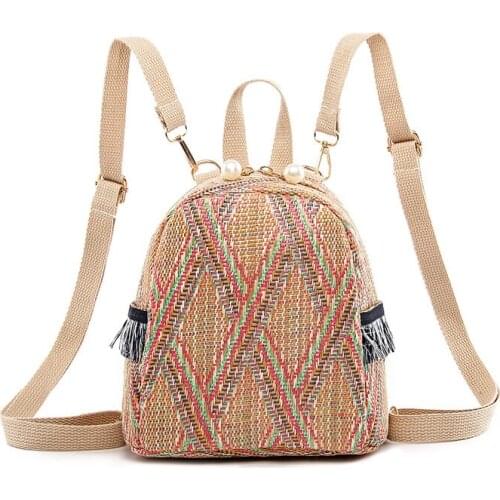 Hand-woven womens bag fashion striped imitation pearl zipper backpack large space travel college single womens shoulder bag