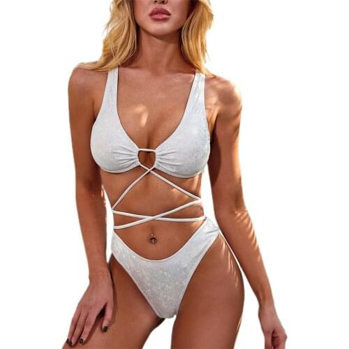 Women Sets Summer Bandage Swimsuit Push-up Sequined Elastic Drawstrings Off-Shoulder Hollow Rings Beach Thong Bikini Suits