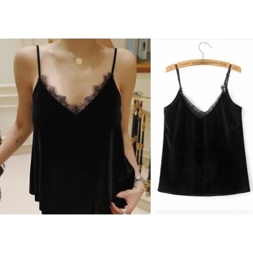 New european fashion women sexy v-neck velvet eyelash lace spaghetti strap tank vest camisole plus size SML Black color