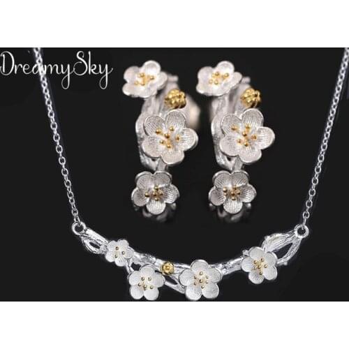 Fashion Wedding Bridal Jewelry Sets Silver Color Plum Flower Necklaces Earrings for Women Wedding Jewelry