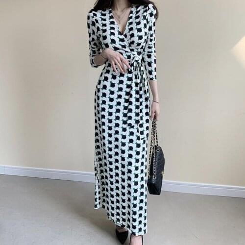 New arrival fashion print dress women elegant autumn v-neck long sleeve beach dress temperament vintage slim long a-line dress