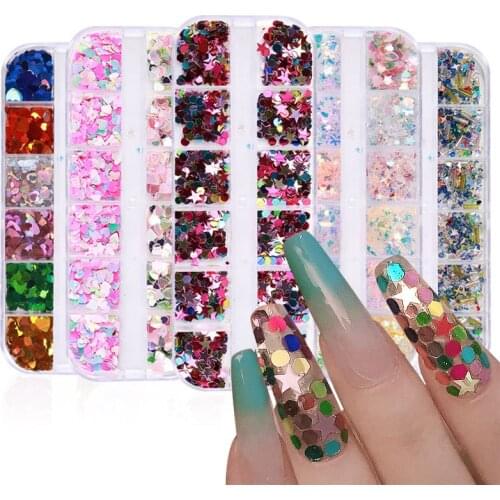 12 Grids Sweet Love Heart Nail Glitter Sequins Rose Red Green Shining Laser Nail Art Paillette Manicure Decorations